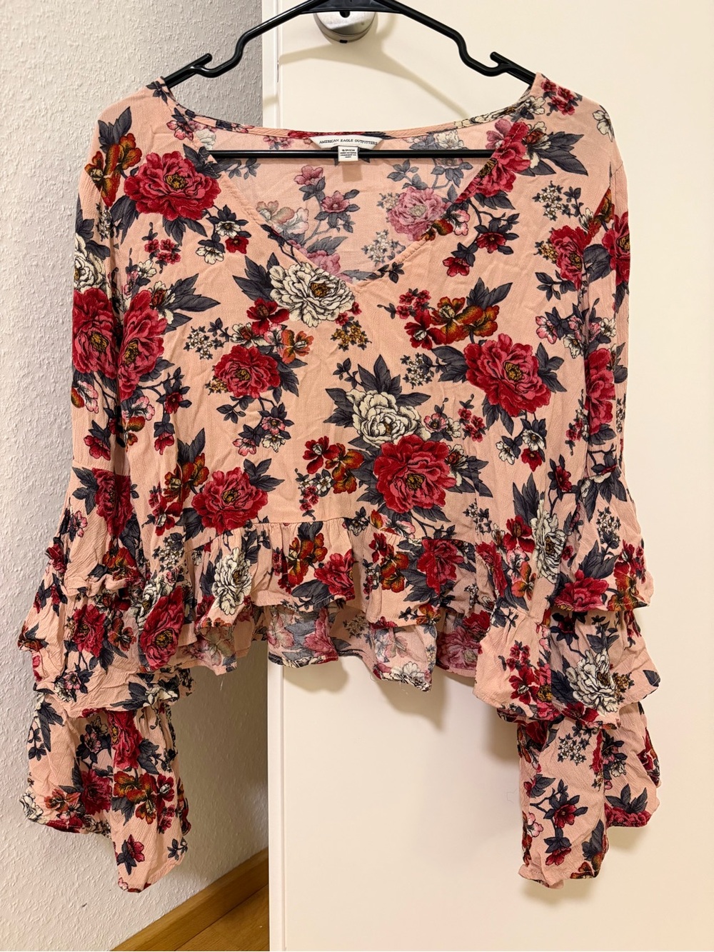 American Eagle Outfitters Pink Floral Ruffled Smocked-Hem Blouse
